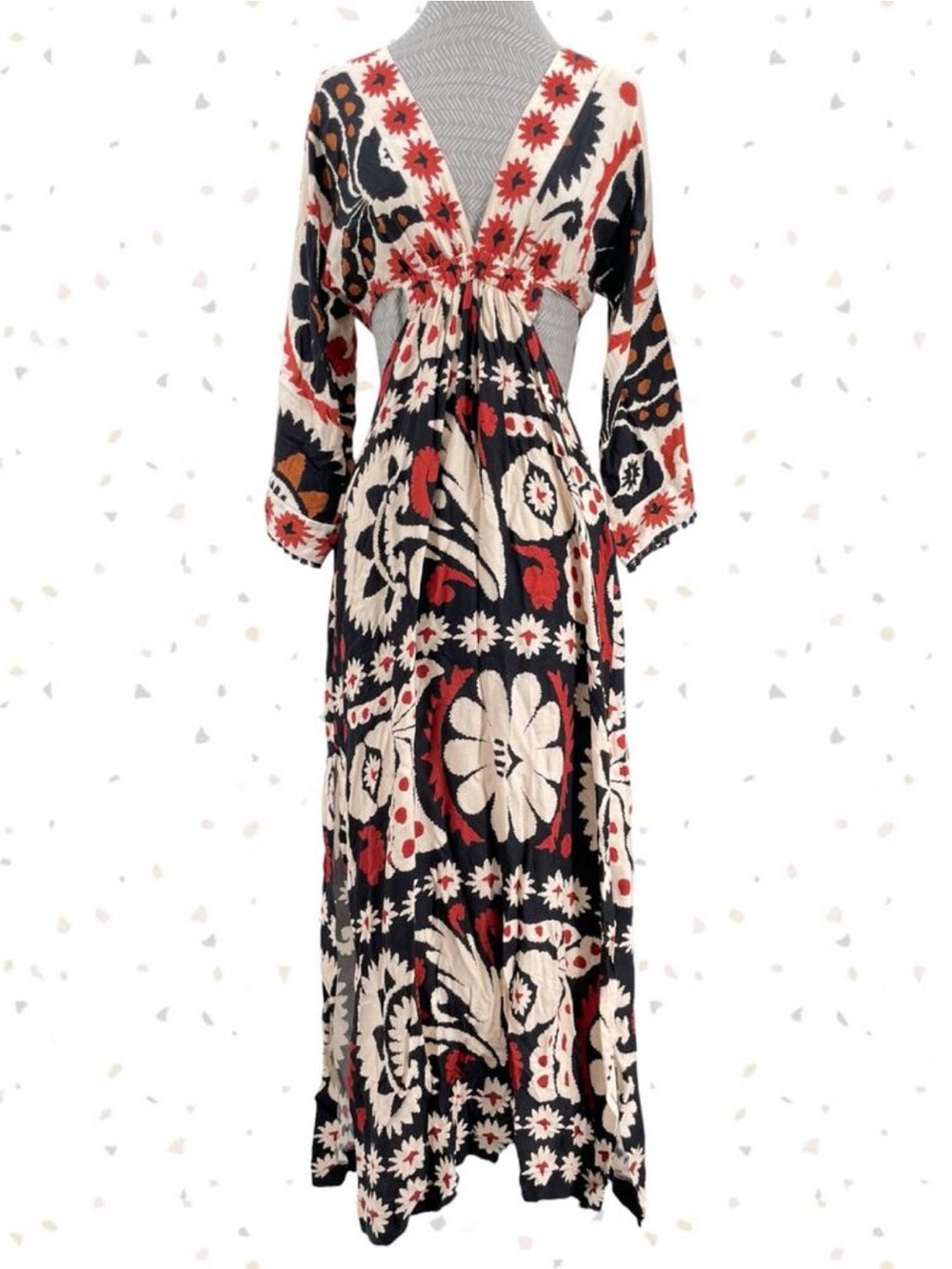 Farm Rio Maxi Dress Red White Black Medallion Long Sleeve V Neck Size XS / P